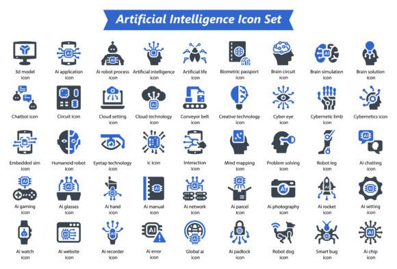 Artificial Intelligence Blue Icon Set: Graphics & Icons